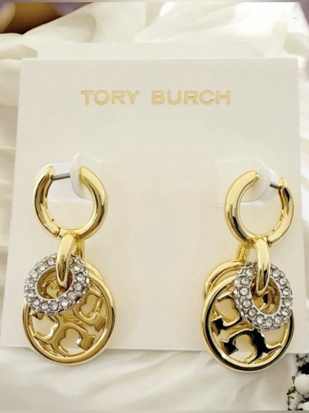 Tory Burch Gold Logo Link Drop Earrings with Crystal Accents
